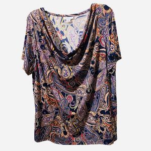 Jaclyn Smith Paisley Print Draped Cowl Neckline Slinky Tunic Multi Colored Sz 1X